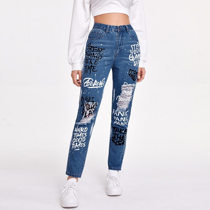 

High-Waisted Letter Graphic Ripped Jeans, Medium wash