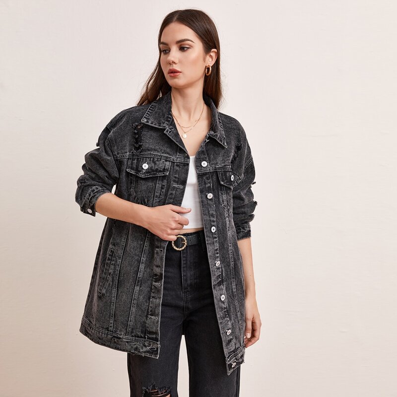 

Ripped Button Up Denim Jacket, Dark grey