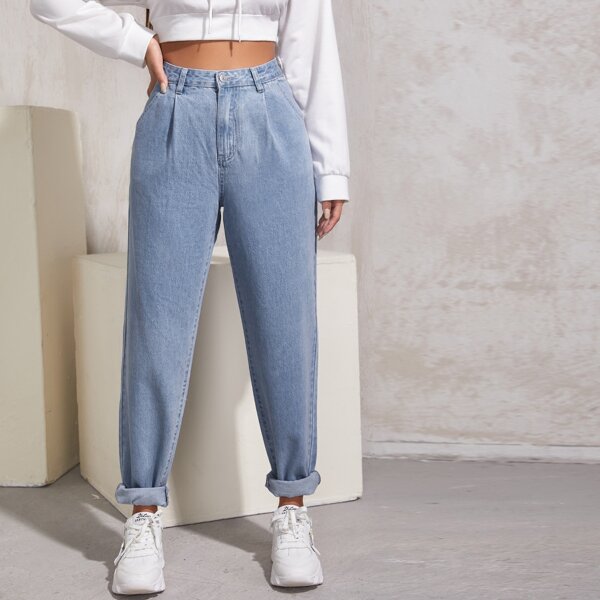 

High Waist Fold Pleat Roll Hem Jeans, Light wash