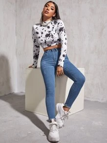 SHEIN Essnce Jeans ajustados con parche de cintura alta