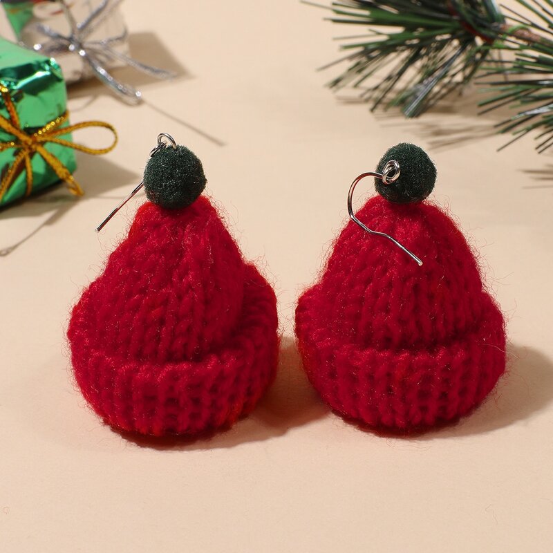 

Christmas Knit Hat Drop Earrings, Red