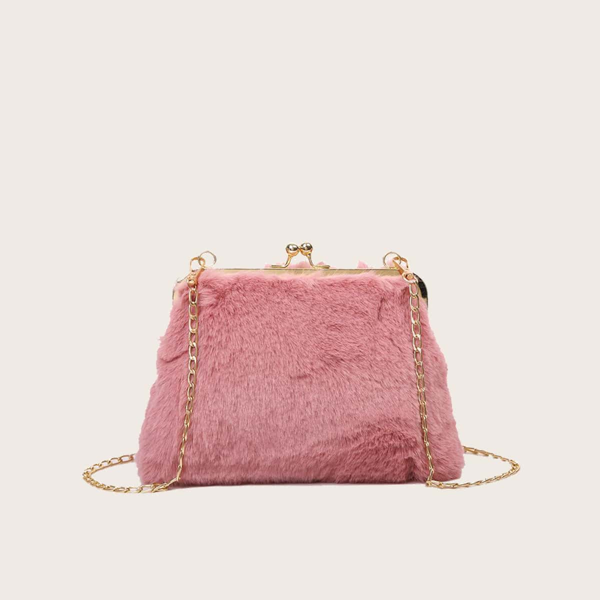 

Fluffy Kiss Lock Chain Crossbody Bag, Dusty pink