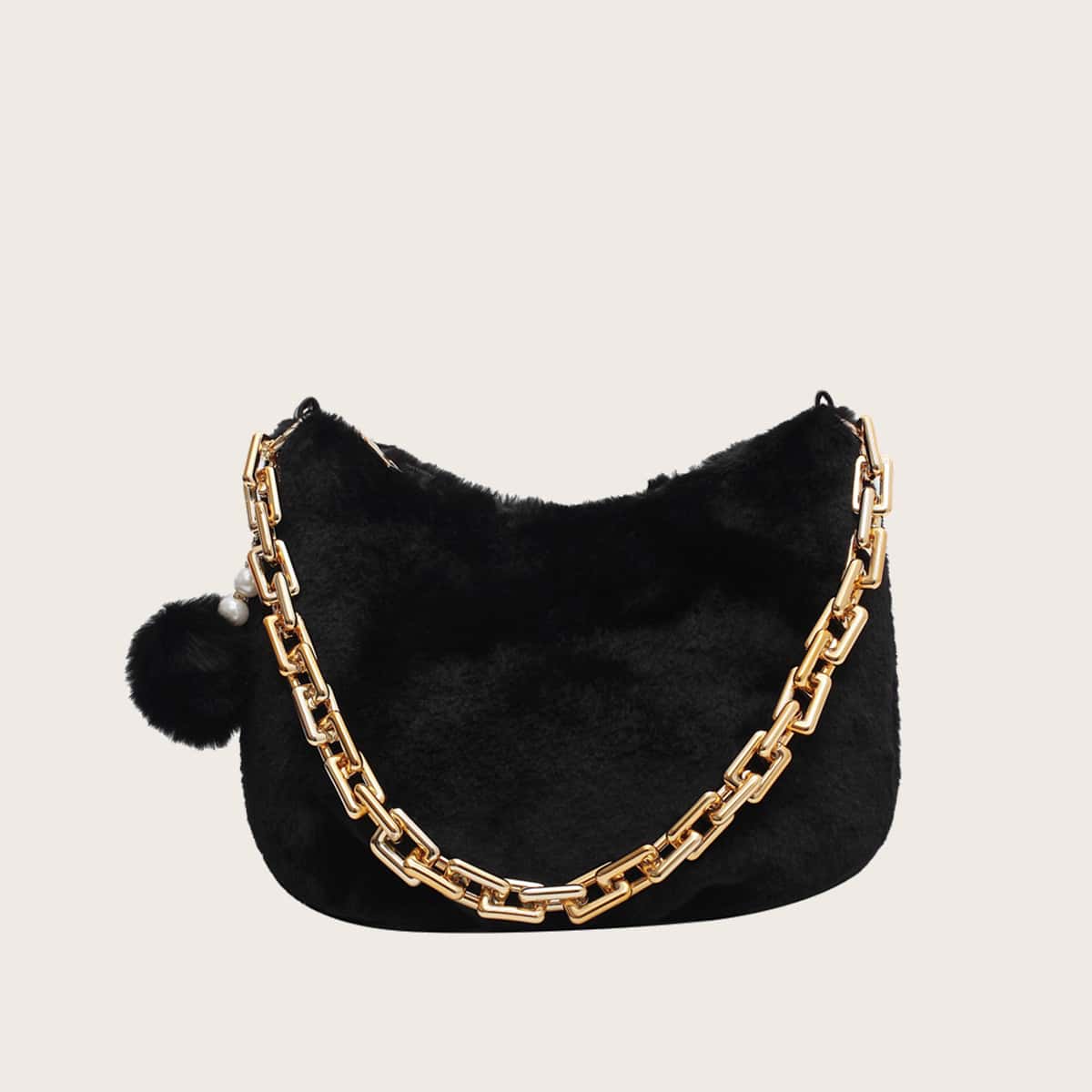 

Solid Fluffy Chain Shoulder Bag, Black