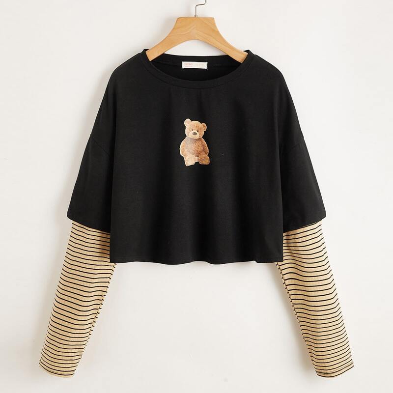 

Cartoon Bear Pattern 2 In 1 Tee, Black