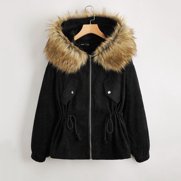 

Fuzzy Hooded Drawstring Waist Parka Coat, Black