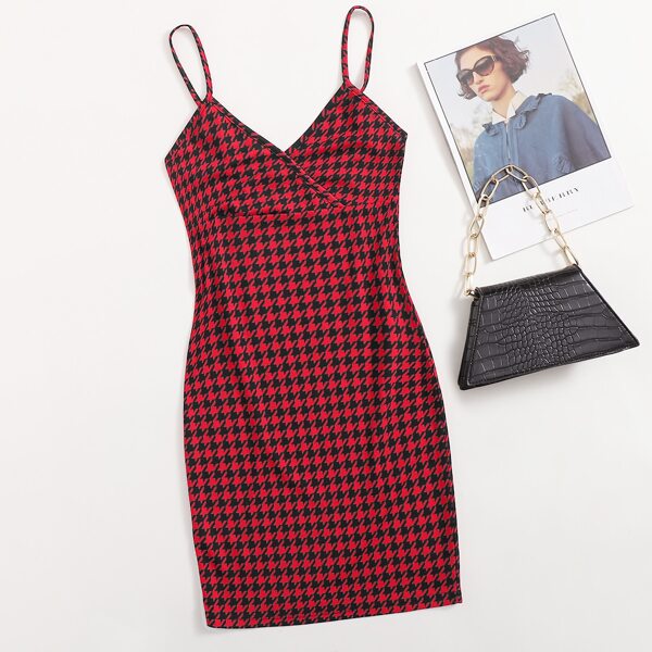 

Surplice Neck Houndstooth Slip Dress, Black multicolor