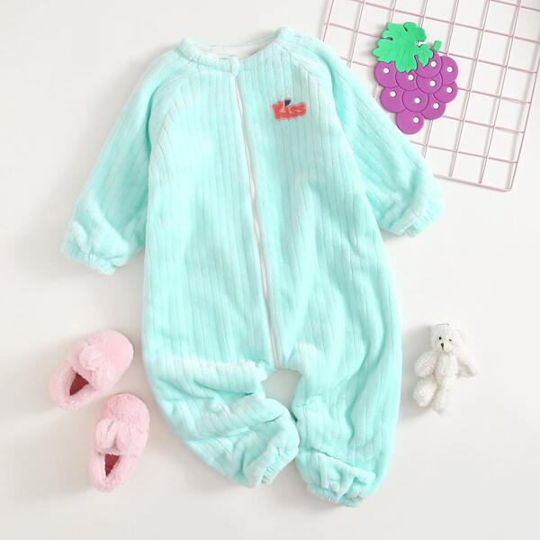 

Toddler Girls Letter Patched Teddy Onesie, Mint blue