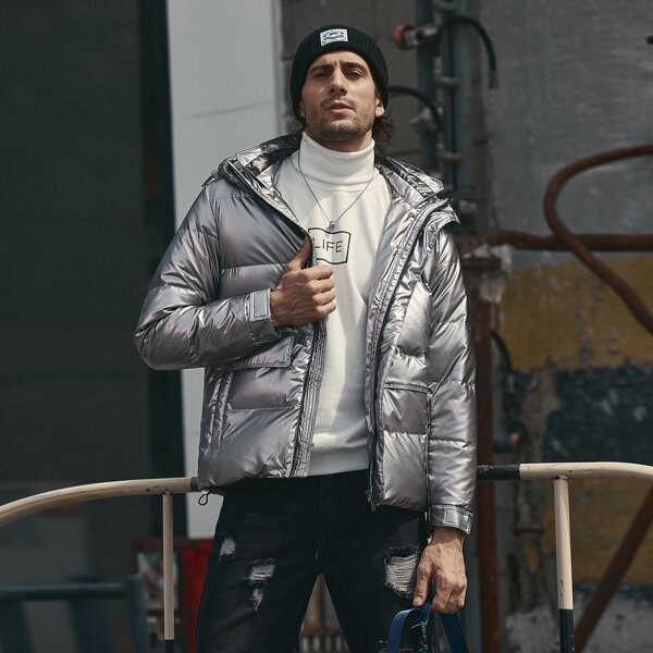 

Men Zipper Front Slant Pocket Hooded Puffer Jacket, Silver
