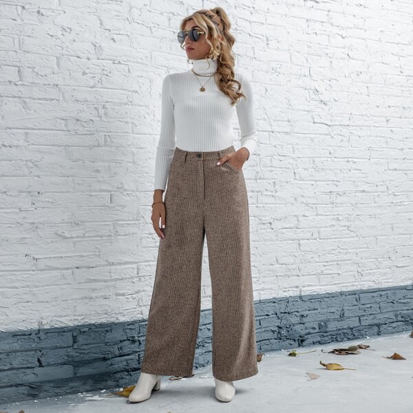 

Houndstooth Slant Pocket Wide Leg Pants, Mocha brown