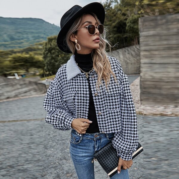 

Contrast Teddy Collar Houndstooth Tweed Jacket, Black and white