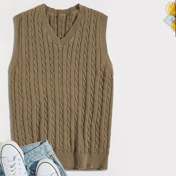 

Men Cable Knit Sweater Vest, Khaki