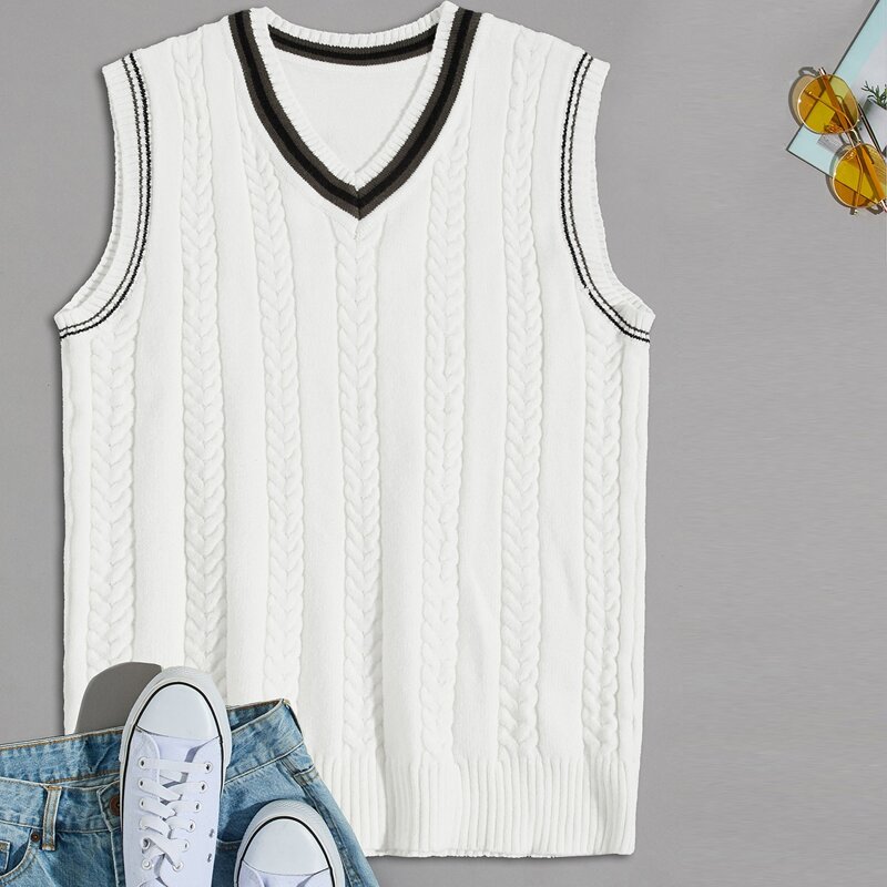 

Guys Striped Trim Cable Knit Sweater Vest, White