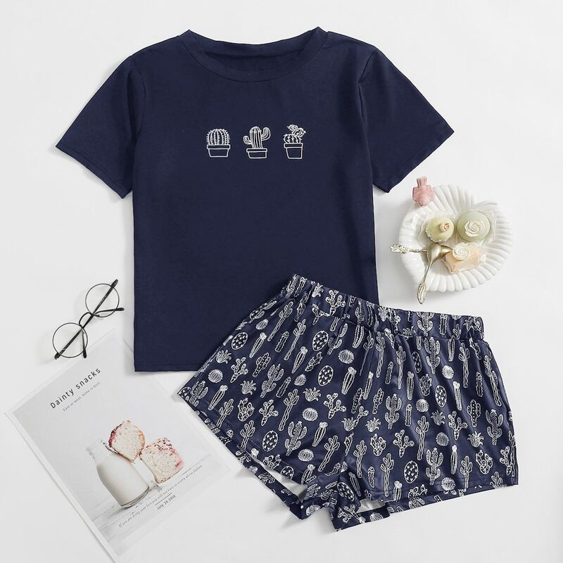

Cactus Print Tee & Shorts PJ Set, Navy blue