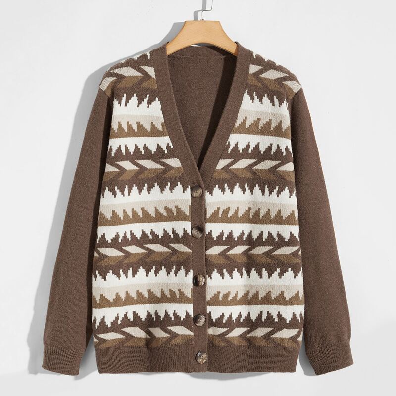 

Guys Geo Pattern Button Front Cardigan, Brown