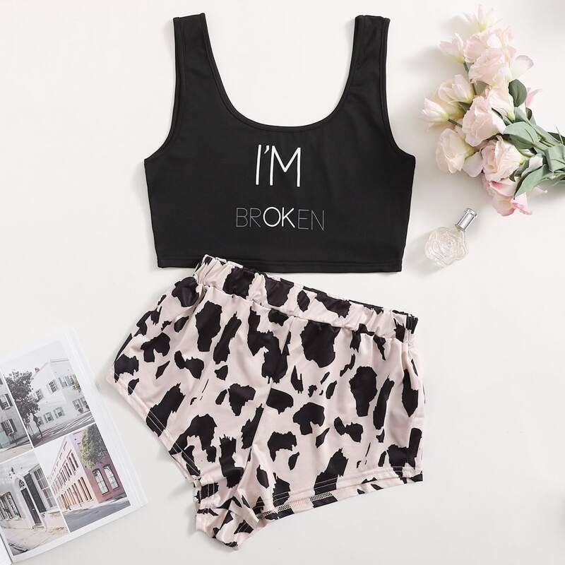 

Slogan Graphic Tank Pajama Set, Multicolor