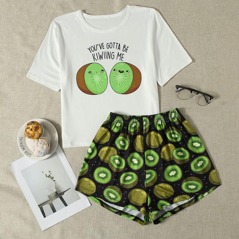 

Slogan & Kiwifruit Print Pajama Set, Multicolor