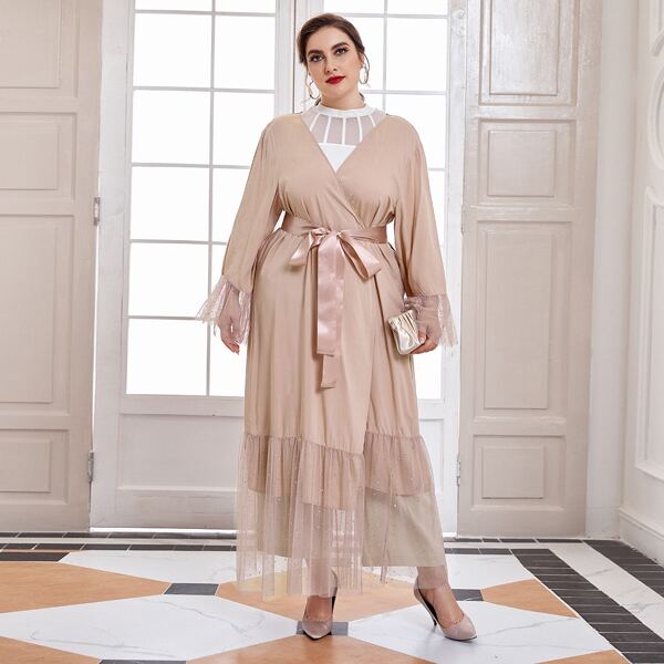 

Plus Contrast Mesh Panel Belted Kimono, Dusty pink