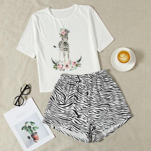 

Zebra Print Top & Zebra Stripe Shorts PJ Set, Black and white