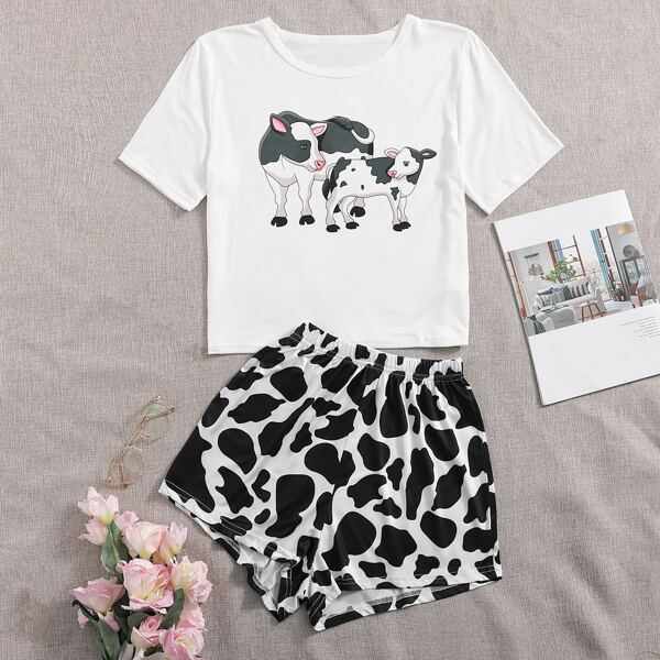 

Cartoon Graphic Tee & Cow Print Shorts PJ Set, Black and white