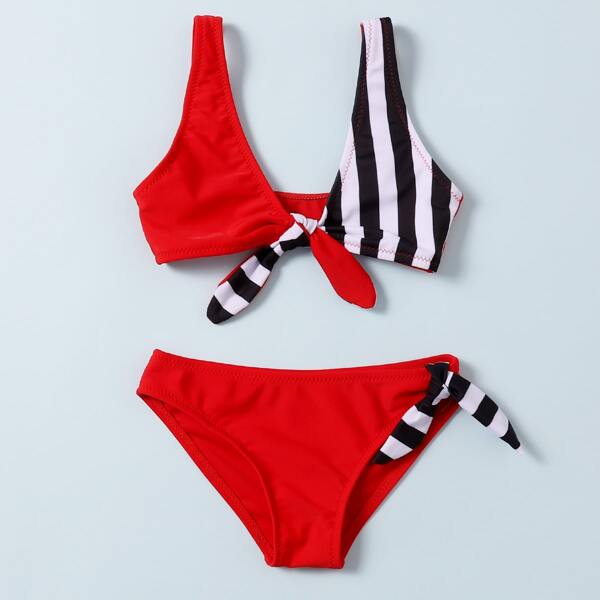 

Toddler Girls Striped Knot Front Bikini Swimsuit, Red