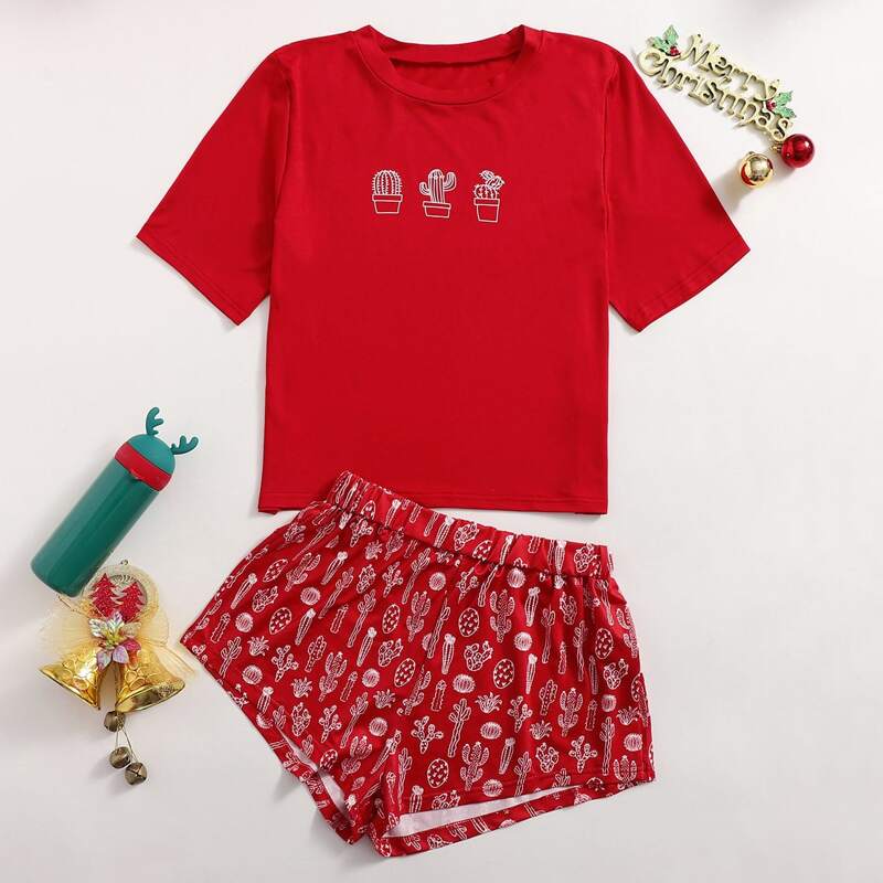 

Cactus Print Tee & Shorts PJ Set, Red