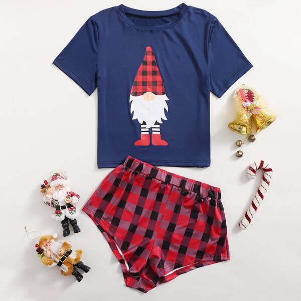 

Christmas Print Top & Plaid Shorts Set, Multicolor