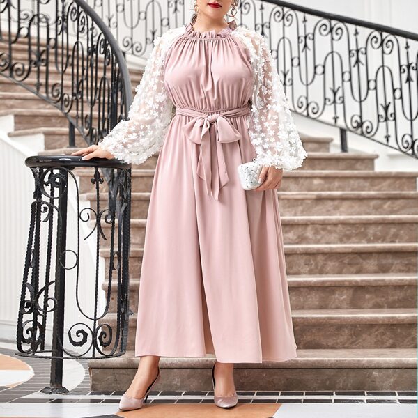 

Plus Flower Appliques Ruffle Neck Belted Dress, Dusty pink