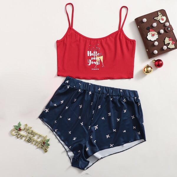 

Slogan Graphic Crop Top & Shorts PJ Set, Multicolor