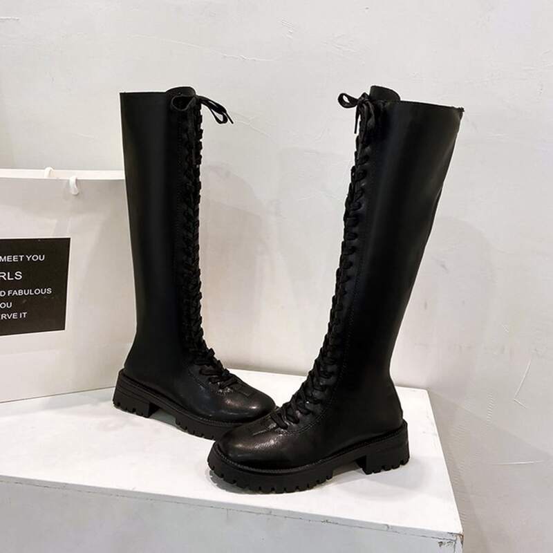 

Lace-up Front Knee Boots, Black