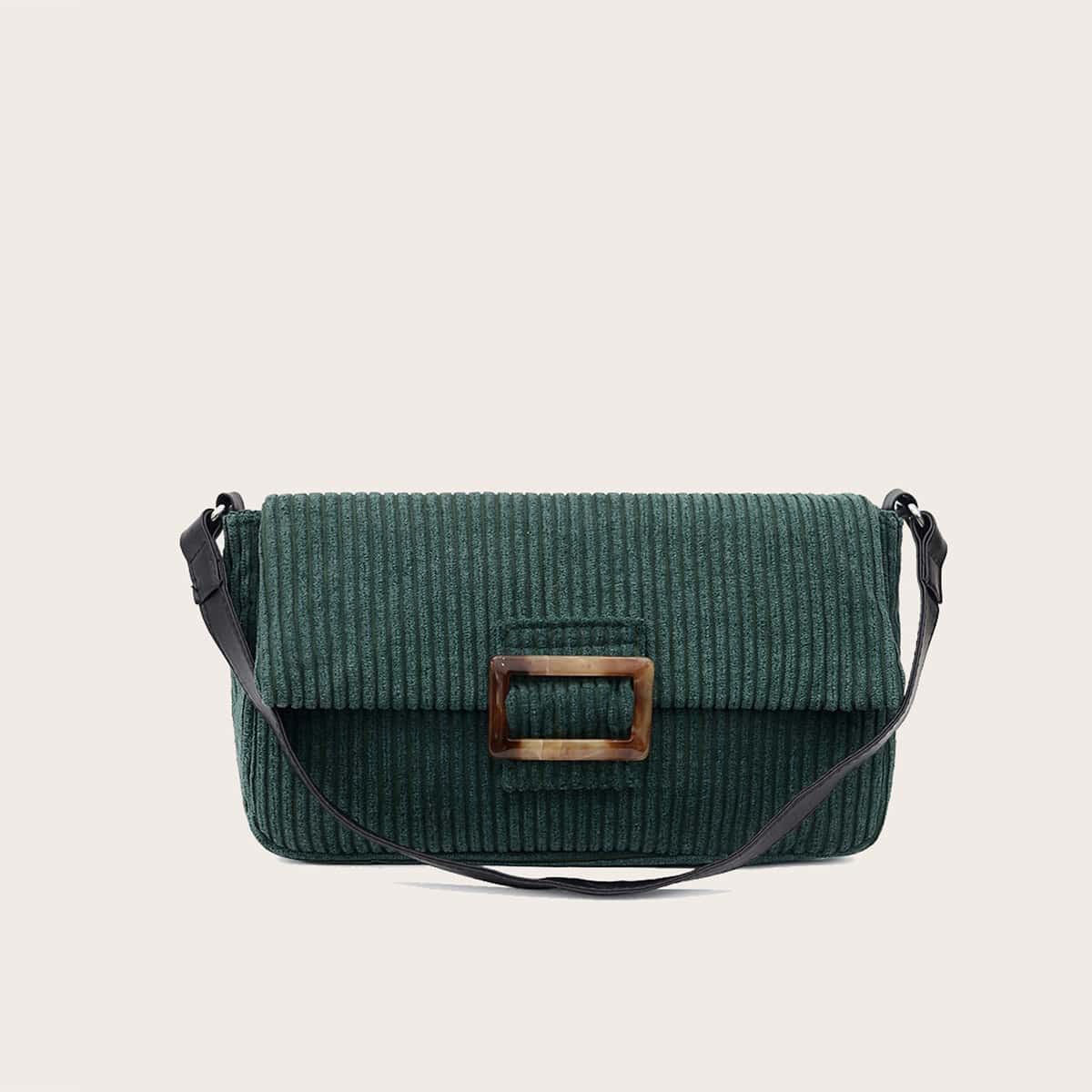 

Corduroy Buckle Baguette Bag, Dark green