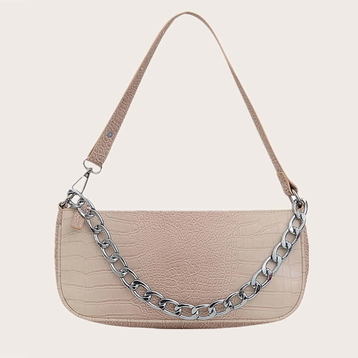 

Croc Embossed Chain Baguette Bag, Beige