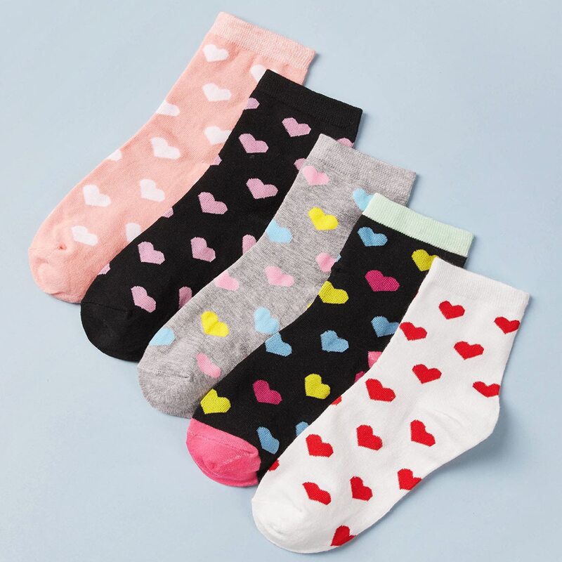 

5pairs Heart Print Ankle Socks, Multicolor