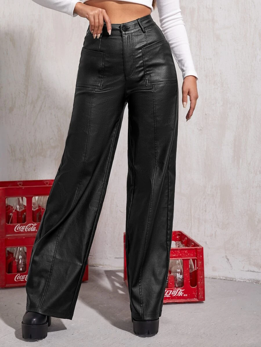 SHEIN Unity Pantalones de pierna ancha y cintura alta con aspecto revestido - Negro - Ver 1