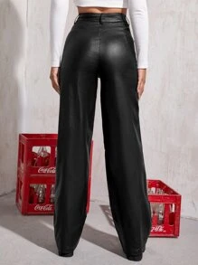 SHEIN Unity Pantalones de pierna ancha y cintura alta con aspecto revestido - Negro - Ver 2