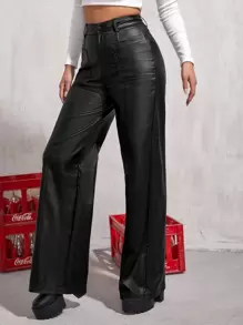 SHEIN Unity Pantalones de pierna ancha y cintura alta con aspecto revestido - Negro - Ver 4