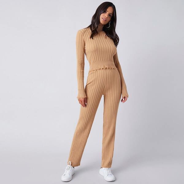 

Distressed Rib-knit Top & Pants Sweater Set, Apricot