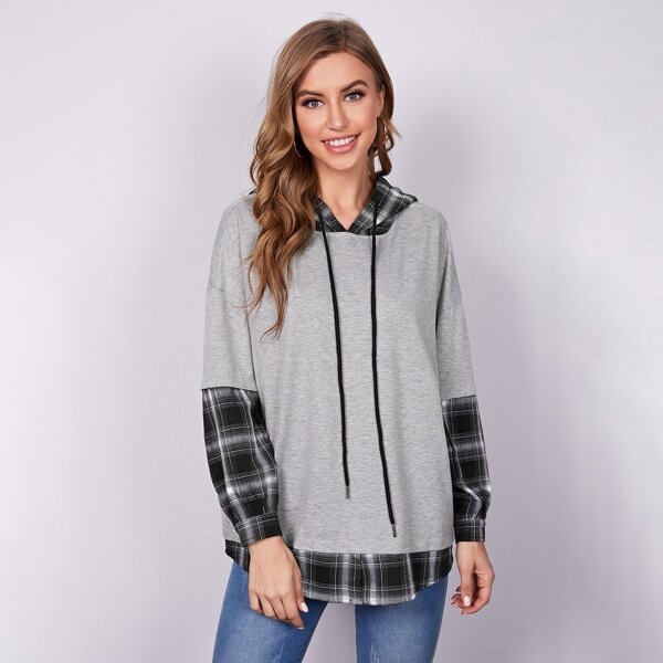 

Plaid Drop Shoulder Drawstring Hoodie, Grey