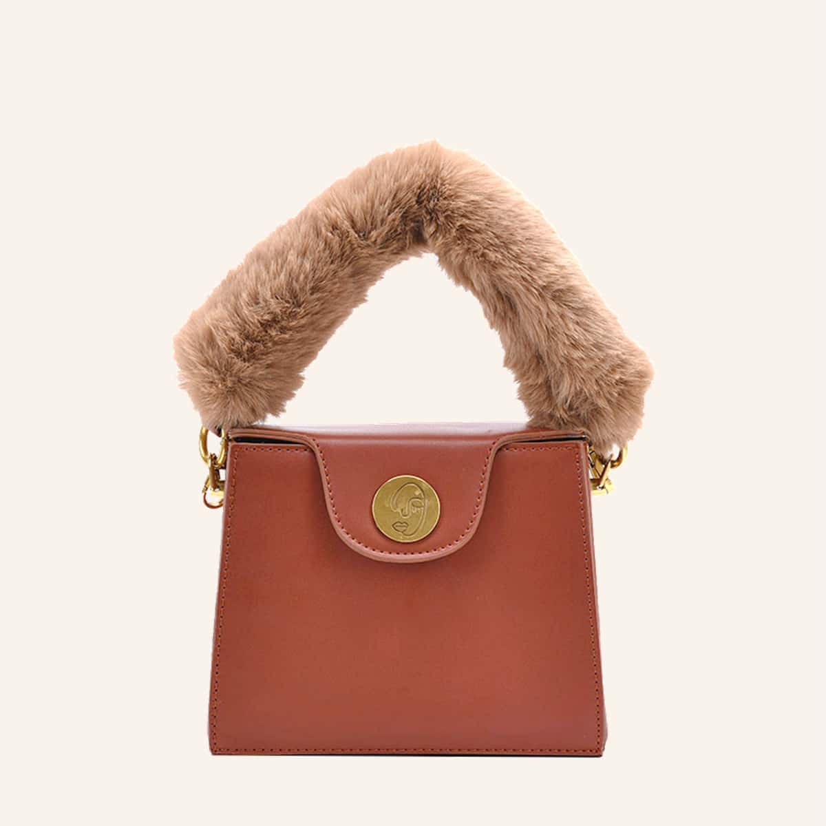 

Solid Fluffy Handle Satchel Bag, Brown