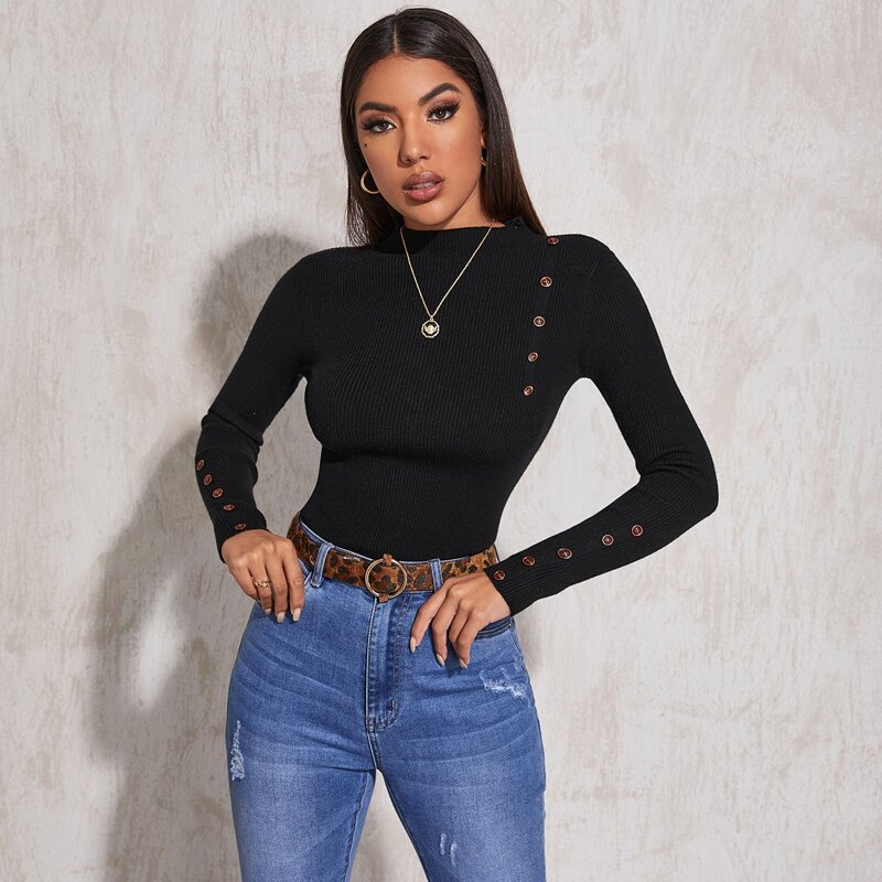 

Button Front Slim Sweater, Black