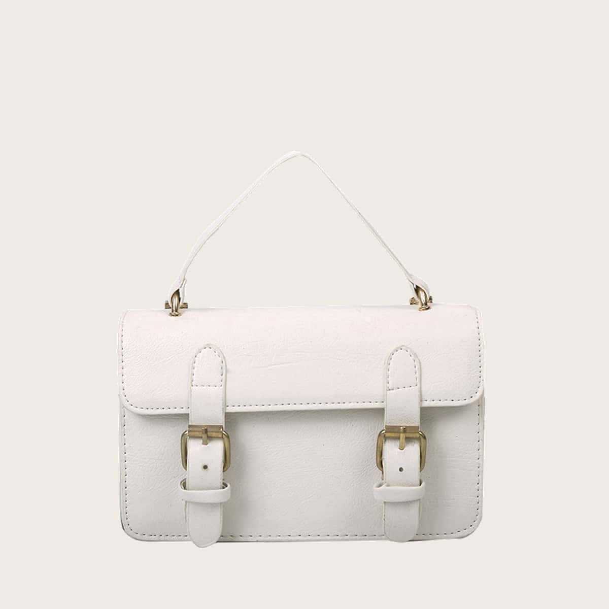 

Solid Buckle Decor Satchel Bag, Beige