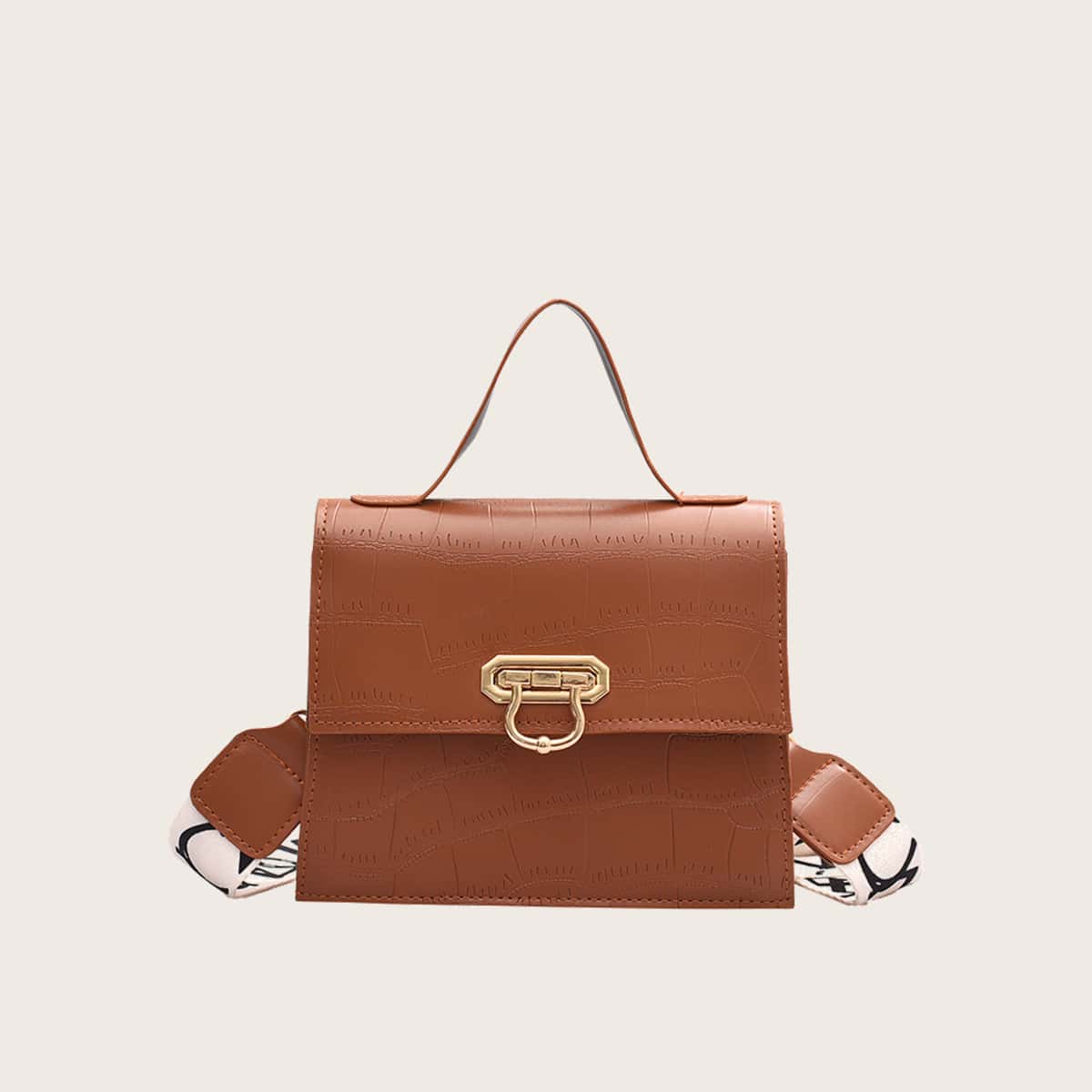 

Croc Embossed Flap Satchel Bag, Brown