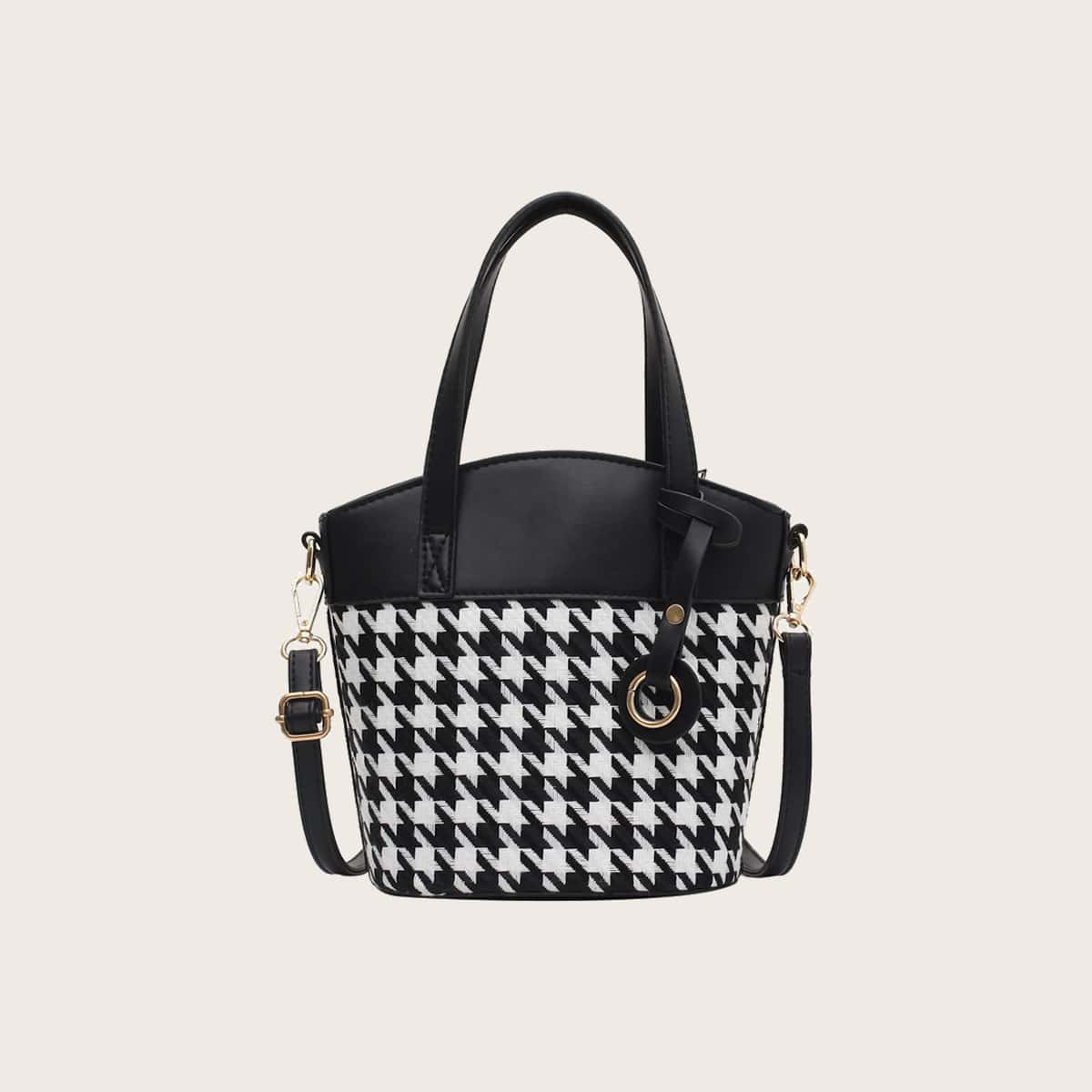 

Houndstooth Satchel Bag, Black