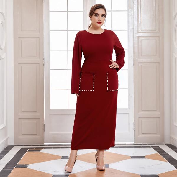 

Plus Pearls Beaded Dual Pocket Dress, Burgundy