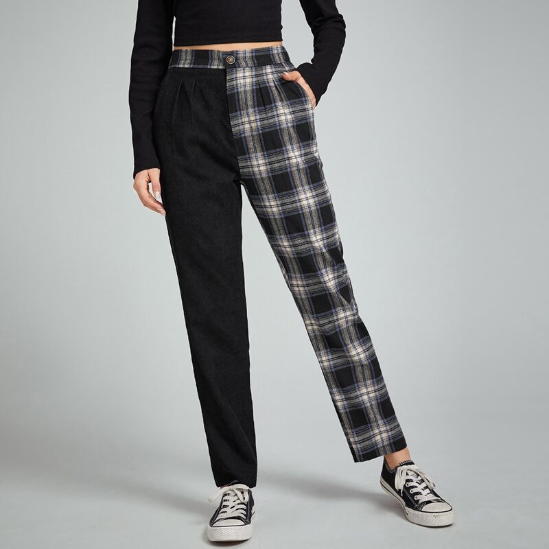 

Corduroy Contrast Plaid Pants, Black