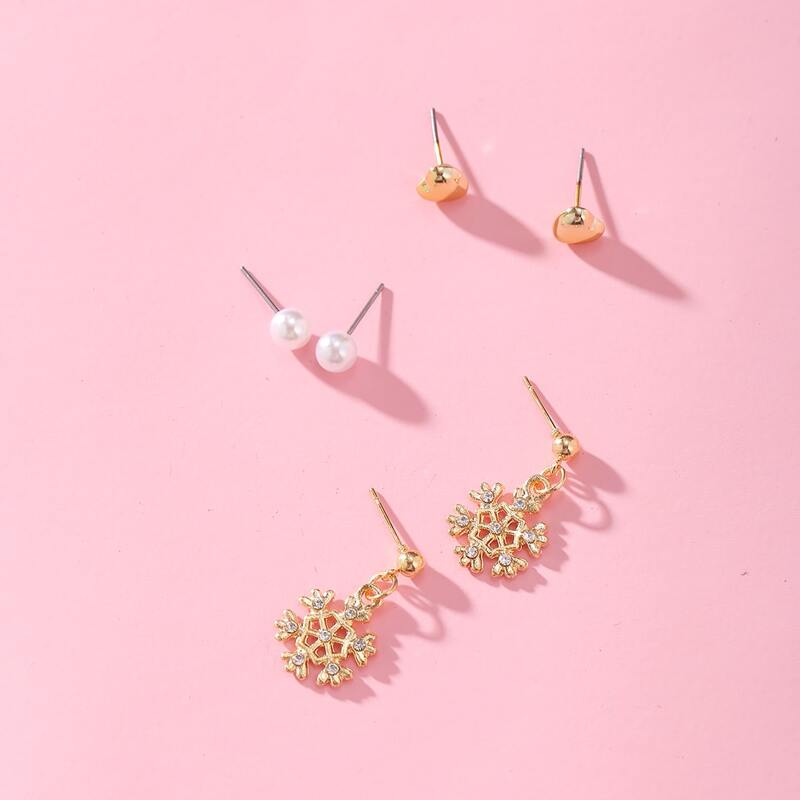 

3pairs Christmas Snowflake Earring Set, Gold