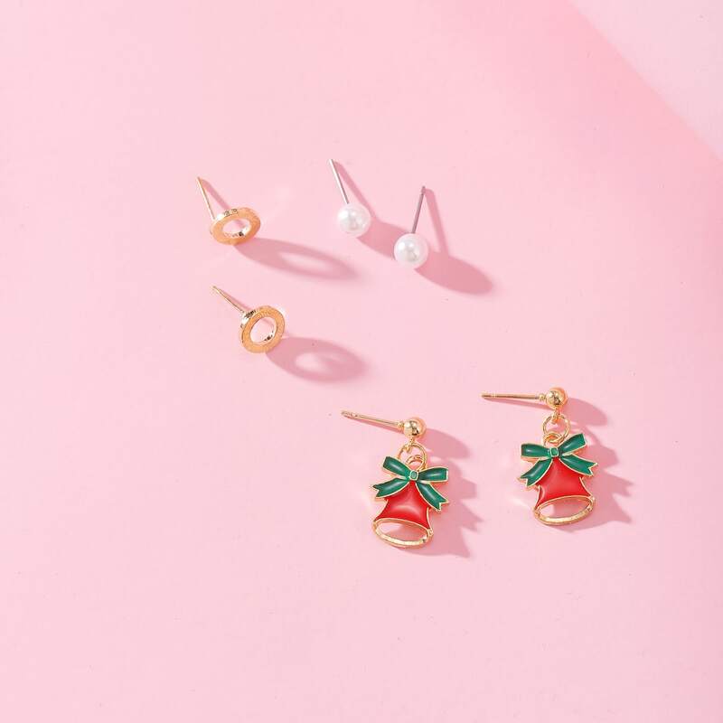 

3pairs Christmas Bell Earring Set, Multicolor