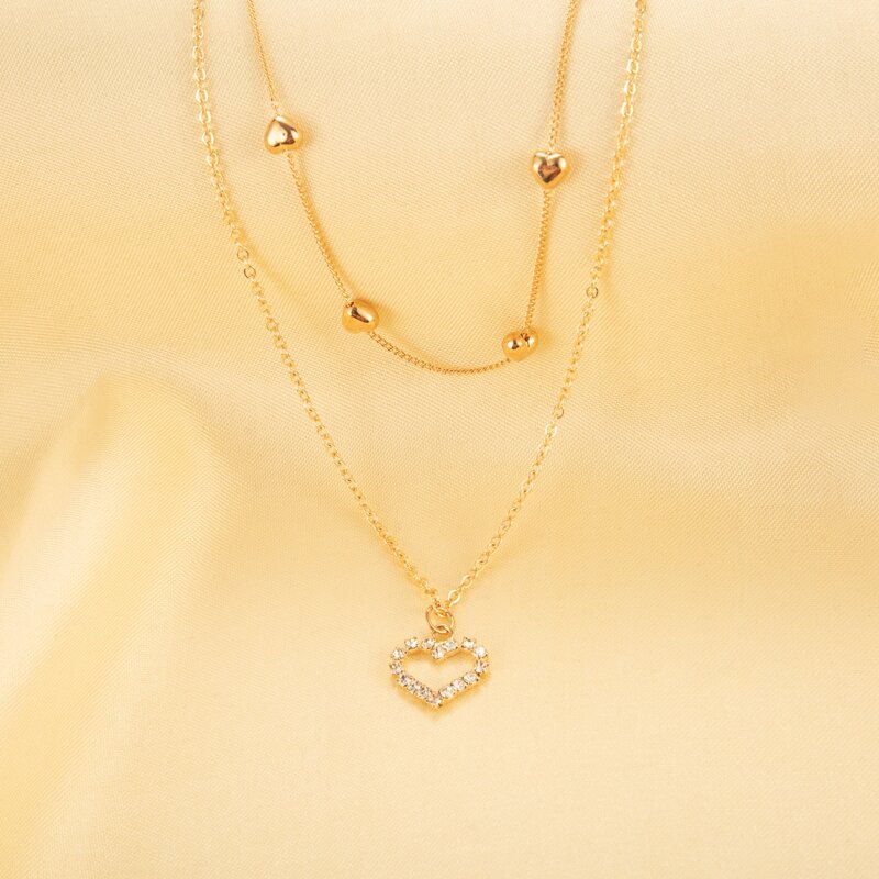 

Rhinestone Heart Layered Chain Necklace, Gold