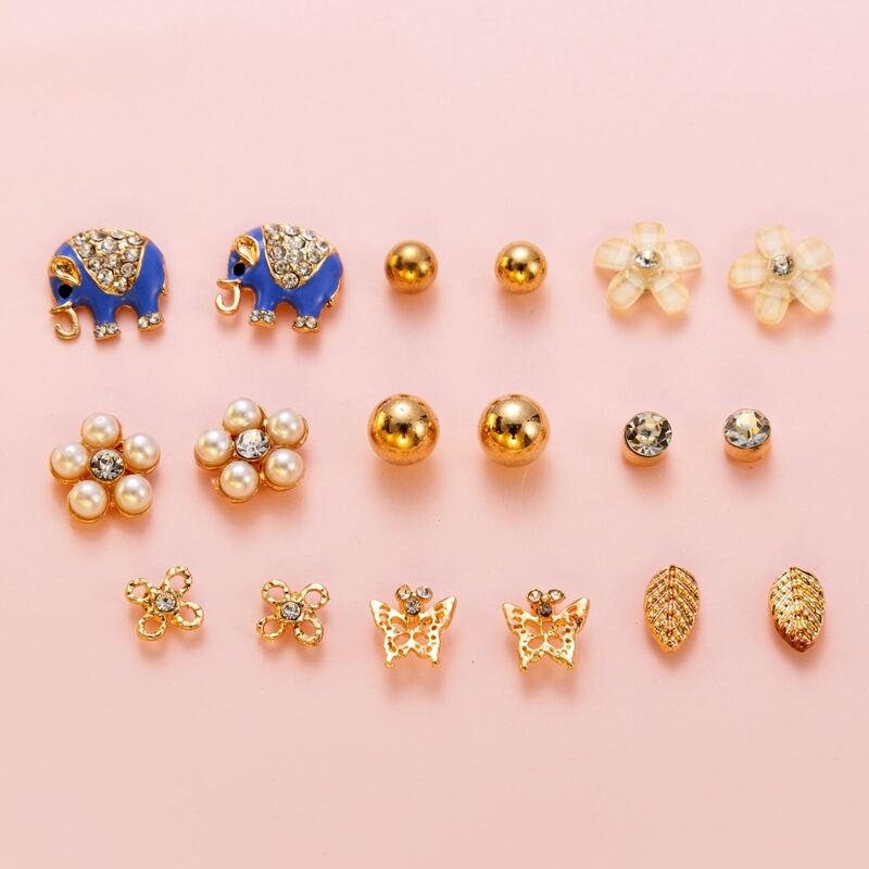 

9pairs Faux Pearl Flower Stud Earrings, Gold
