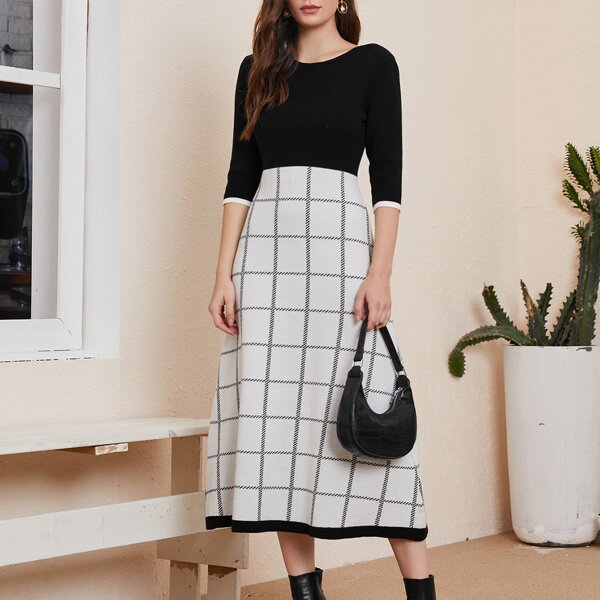 

Plaid A Line Sweater Dress, Black and white