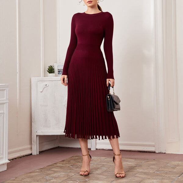 

Ribbed Knit Solid Sweater Dress, Maroon